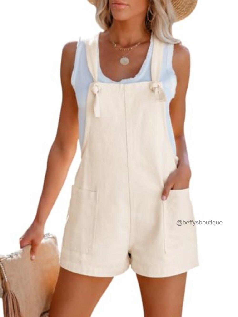 Sleeveless Loose Spaghetti Strap Cotton Shorts Jumpsuit Romper with Pockets
